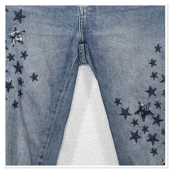 Anthropologie Pilcro Slim Boyfriend Raw Hem Sequin Embroidery Star Jean Sz 27 - Picture 3 of 10